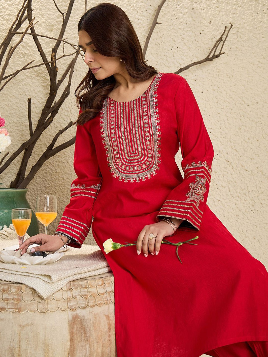 

Indo Era Floral Yoke Design Flared Sleeves Zari Straight Kurta With Trousers, Red