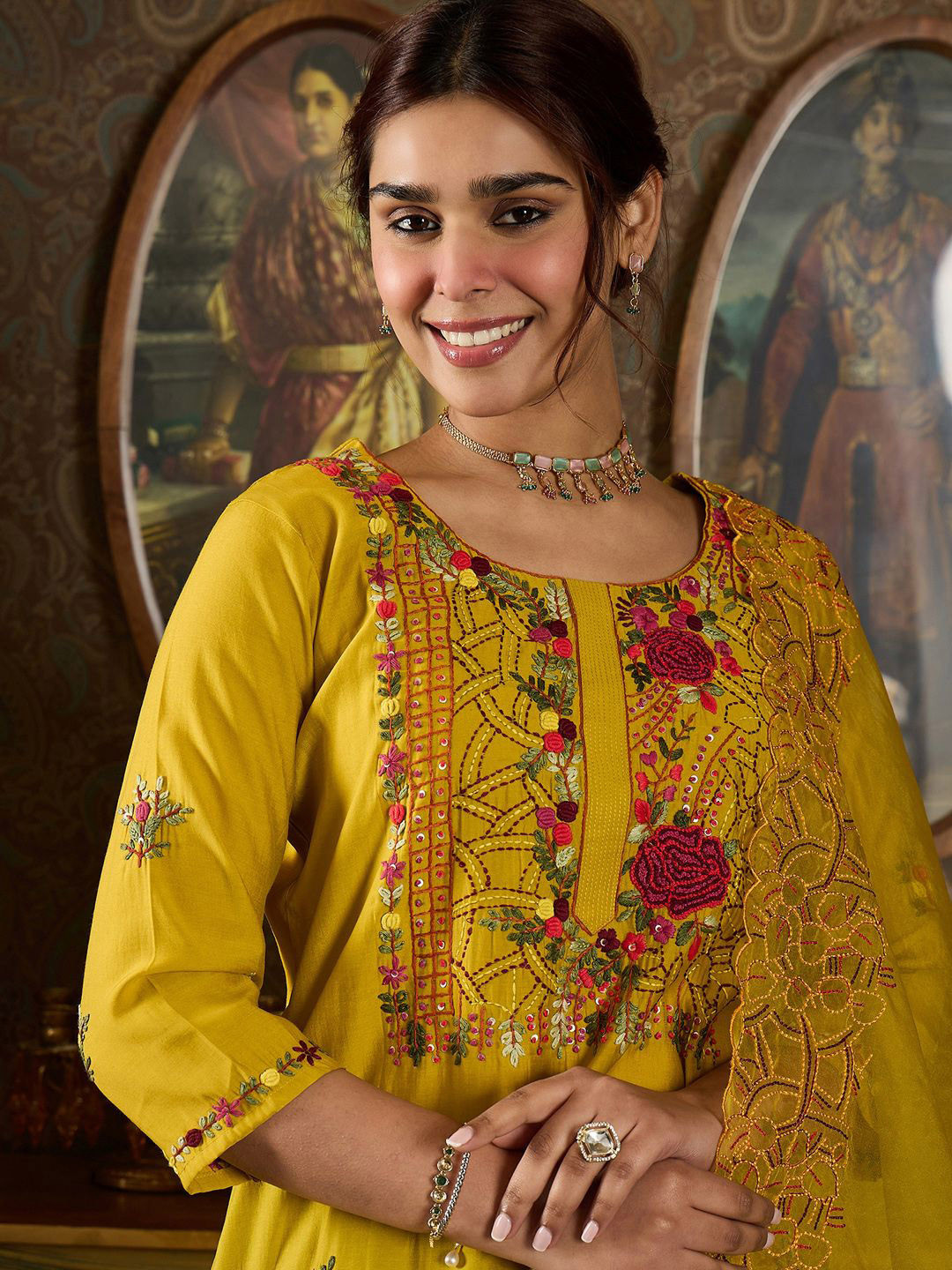 

Indo Era Floral Embroidered Thread Work Straight Kurta With Trousers And Dupatta, Mustard