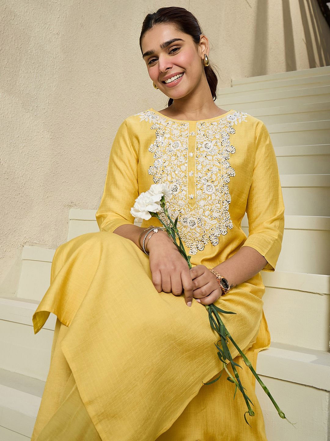 

Indo Era Sequinnce Embroidered Yoke Round Neck Kurta With Trousers, Yellow