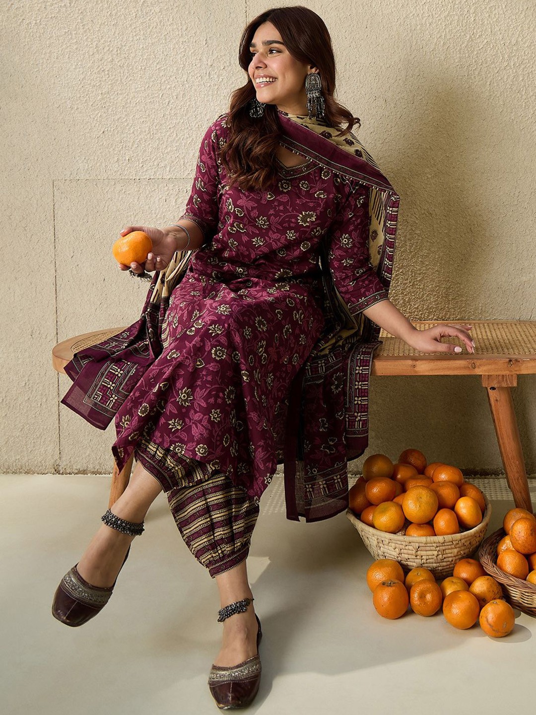 

Indo Era Floral Printed V Neck Pure Cotton Kurta With Salwar & Dupatta, Maroon