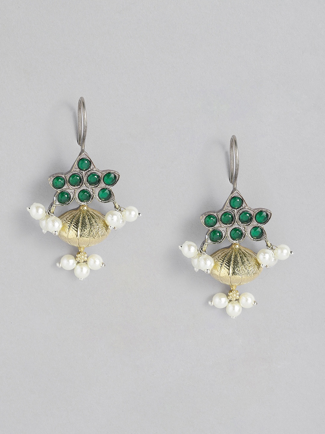 

AITIHYA Silver & Gold Plated Kemp Stone Studded Antique Drop Earrings, Green