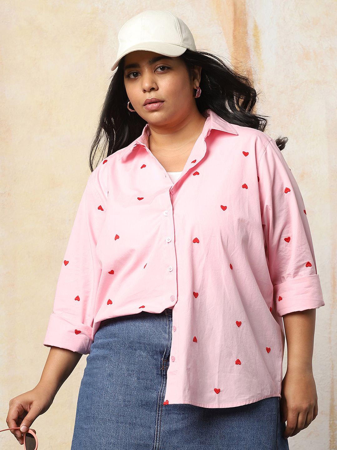 

Freeform by High Star Women Plus Size Oversized Fit Heart Embroidered Cotton Casual Shirt, Pink