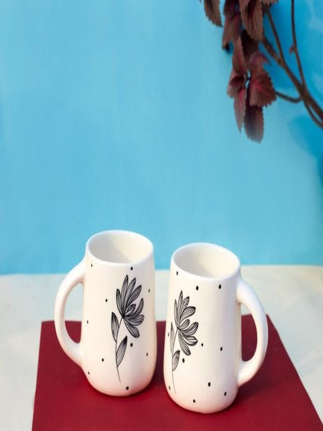 

Rare Planet White & Grey 2 Pieces Leafy Design Printed Ceramic Glossy Mugs 350 ml