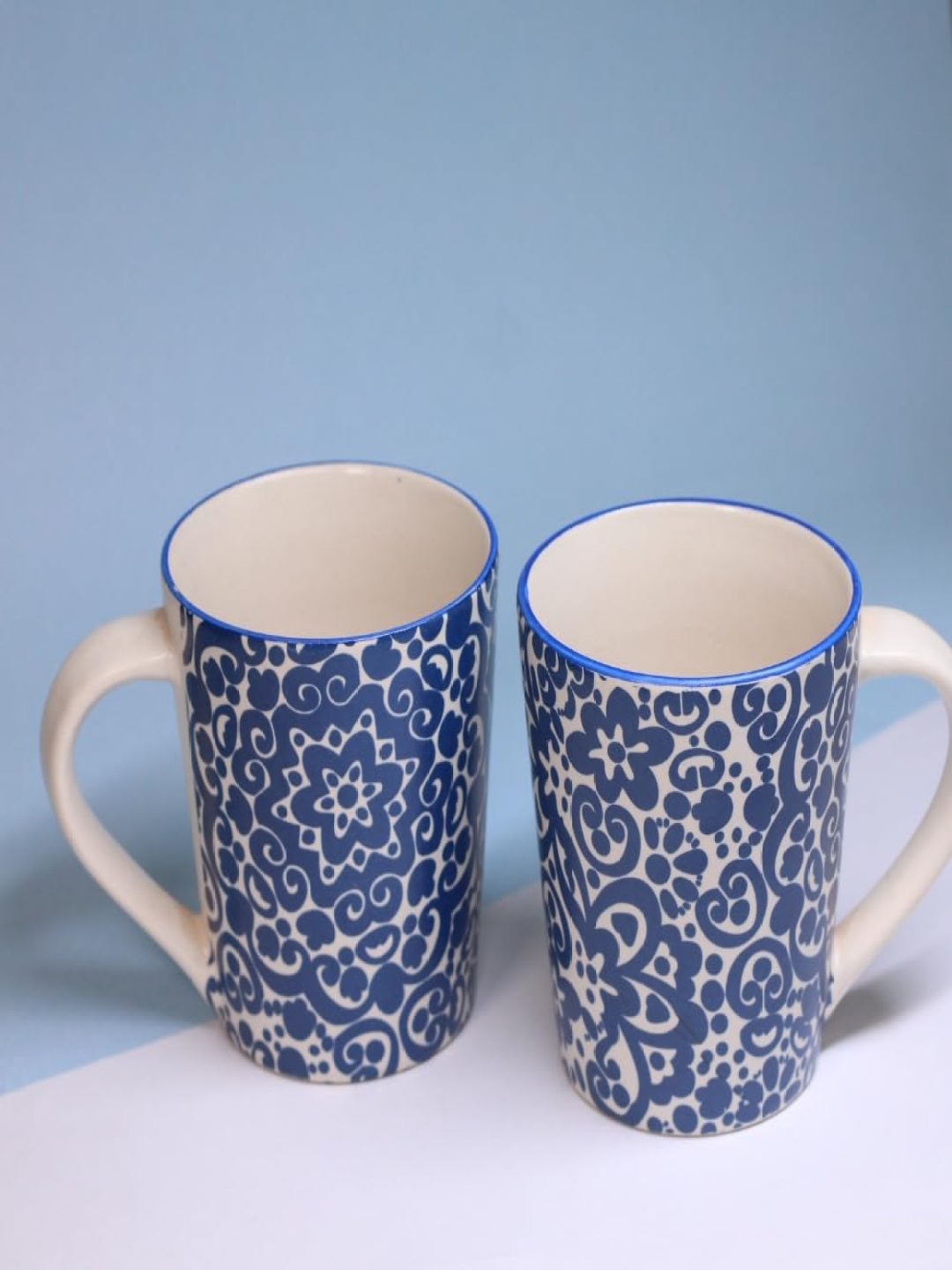 

Rare Planet White & Navy Blue 2 Pieces Floral Printed Ceramic Glossy Mugs