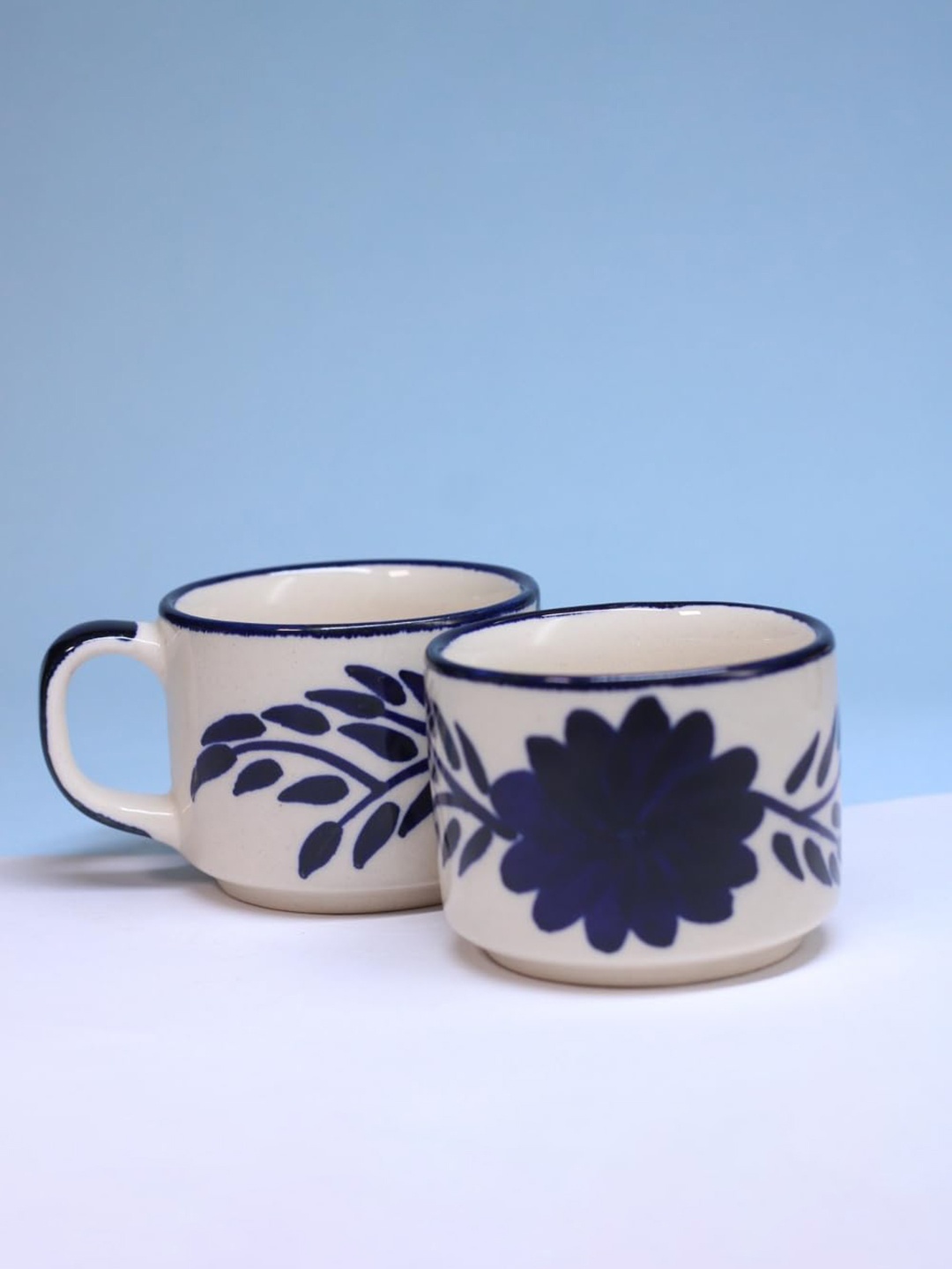 

Rare Planet White & Navy Blue 2 Pieces Floral Printed Ceramic Glossy Mugs