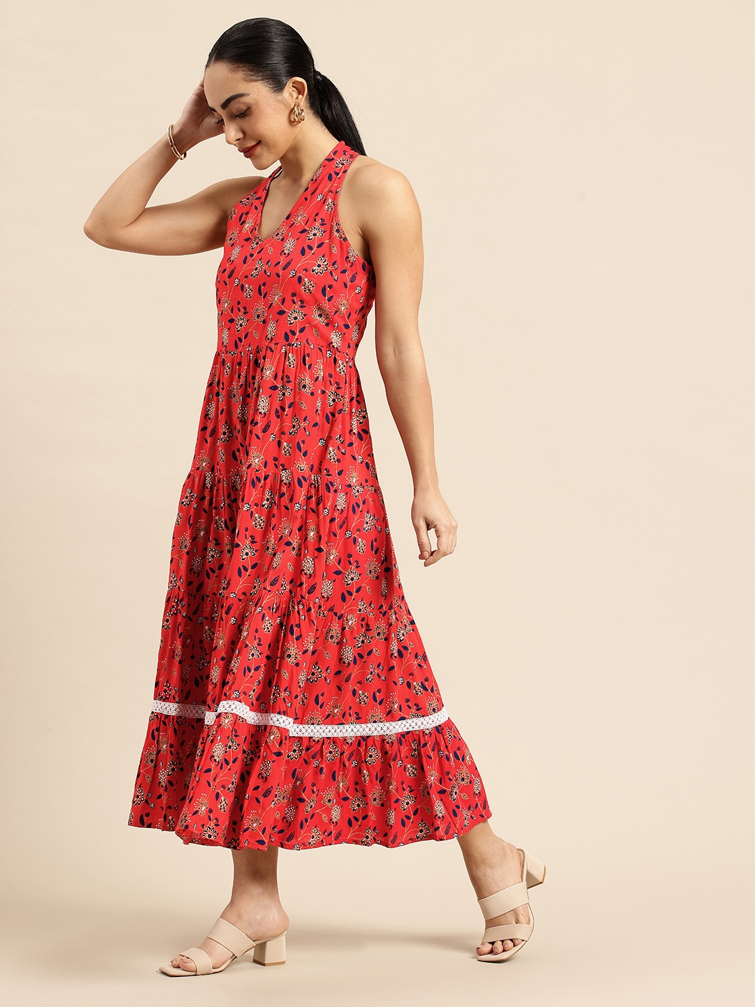 

A&K Floral Printed Halter Neck Tiered Fit & Flare Midi Ethnic Dress, Red
