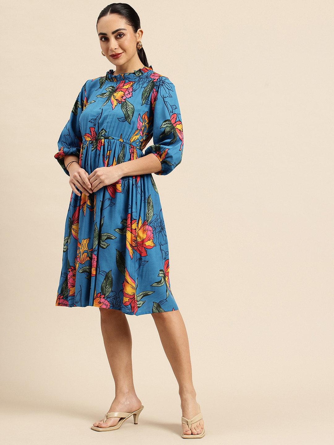 

A&K Floral Print Puff Sleeve Fit & Flare Dress, Blue