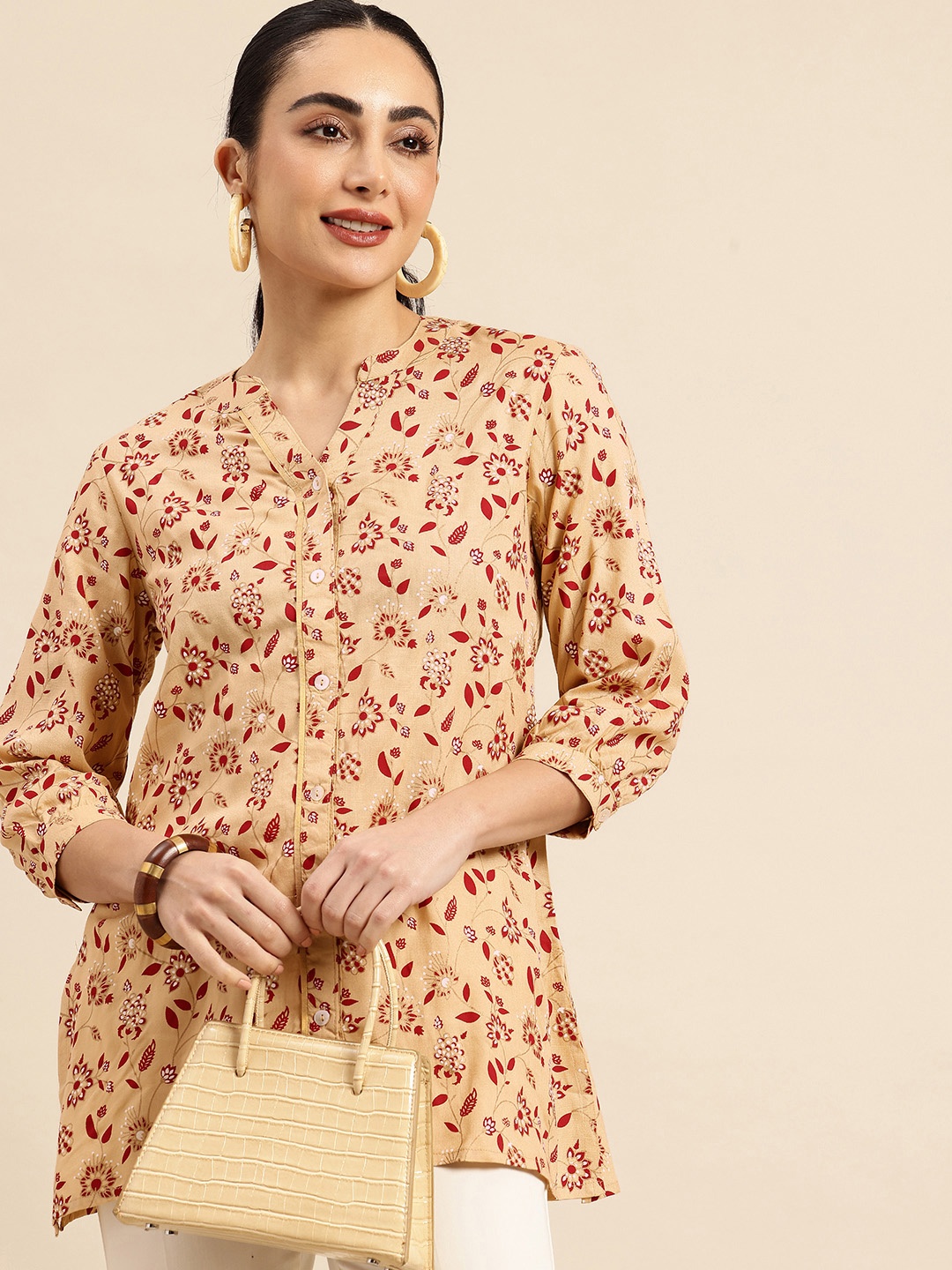 

A&K Floral Print Mandarin Collar Ethnic Shirt Style Longline Top, Beige