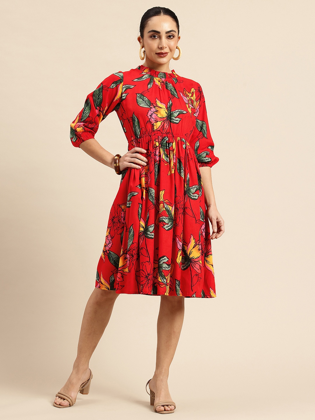 

A&K Floral Print Puff Sleeve Fit & Flare Dress, Red