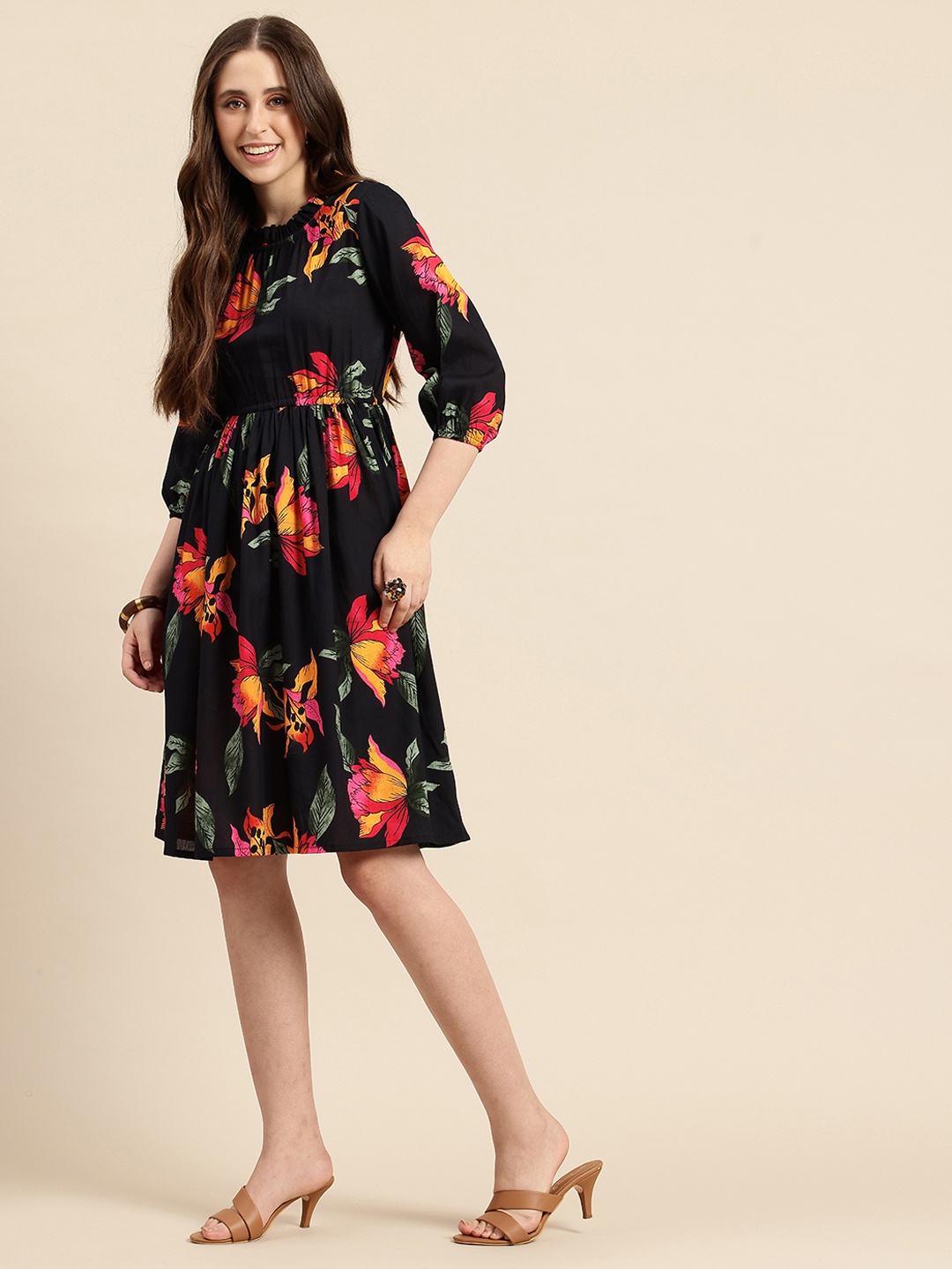 

A&K Floral Print Puff Sleeve Fit & Flare Dress, Black