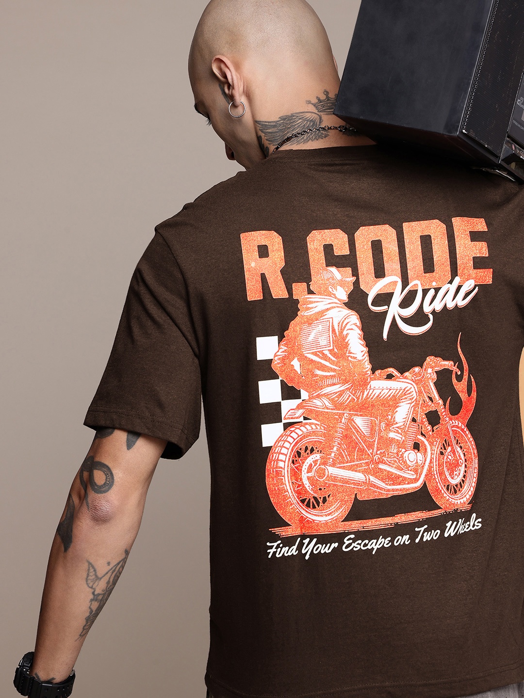 

R.Code by The Roadster Life Co. Graphic Printed Relaxed Fit T-shirt, Coffee brown