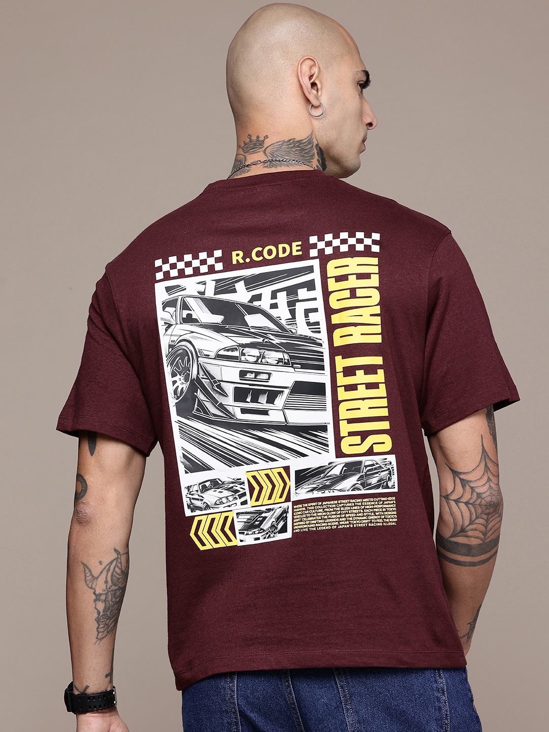 

R.Code by The Roadster Life Co. Men Printed Relaxed Fit T-shirt, Burgundy