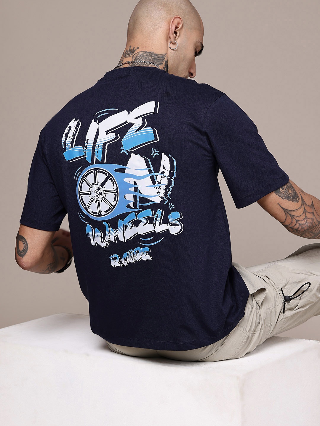 

R.Code by The Roadster Life Co. Typography Printed Relaxed Fit T-shirt, Navy blue