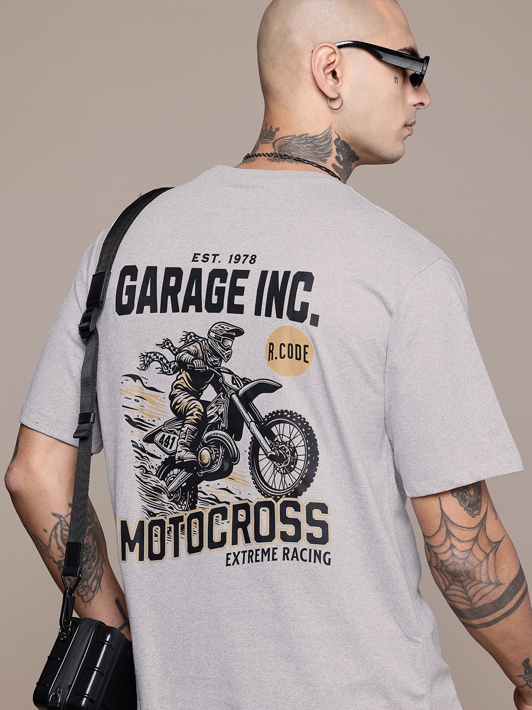 

R.Code by The Roadster Life Co. Typography Printed Relaxed Fit T-shirt, Grey melange