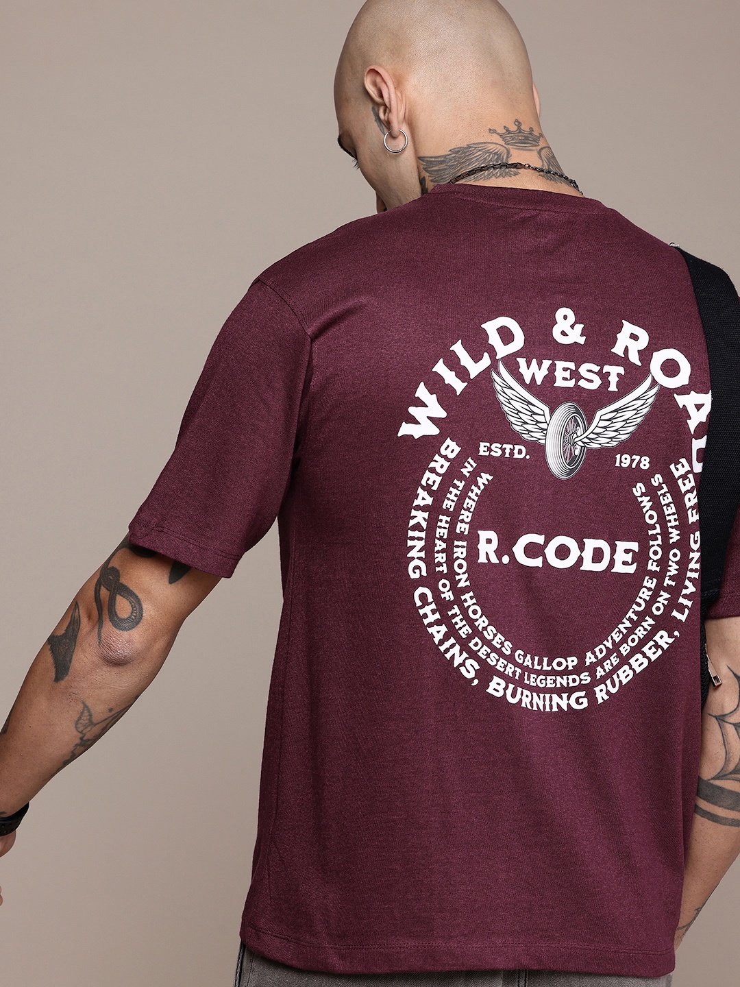 

R.Code by The Roadster Life Co. Men Printed Relaxed Fit T-shirt, Burgundy