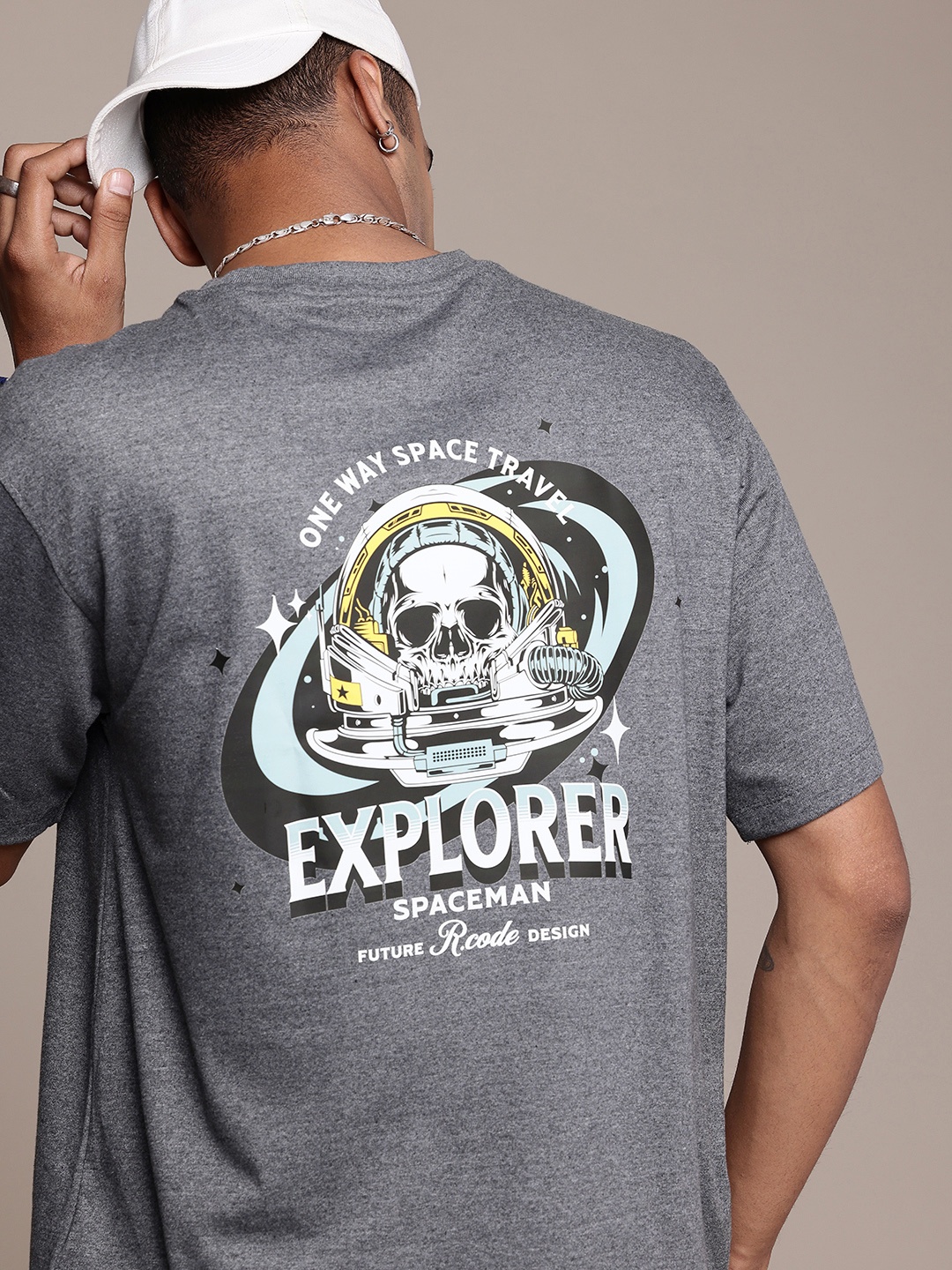 

R.Code by The Roadster Life Co. Grunge Printed Relaxed Fit T-shirt, Grey