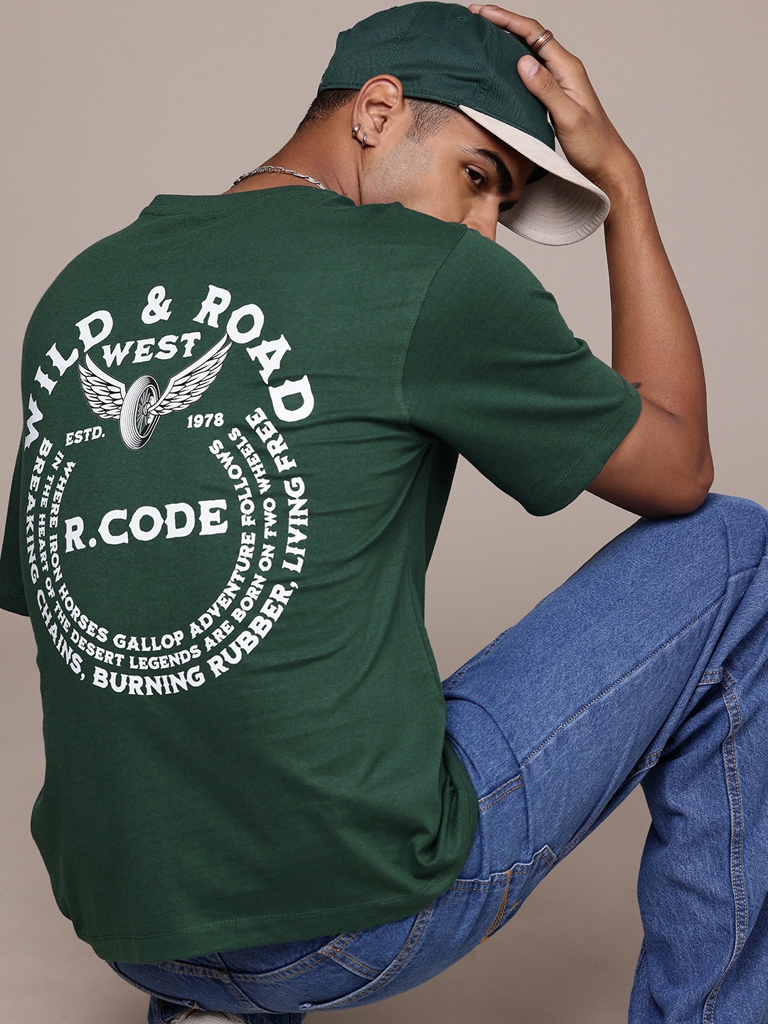 

R.Code by The Roadster Life Co. Typography Printed Relaxed Fit T-shirt, Green