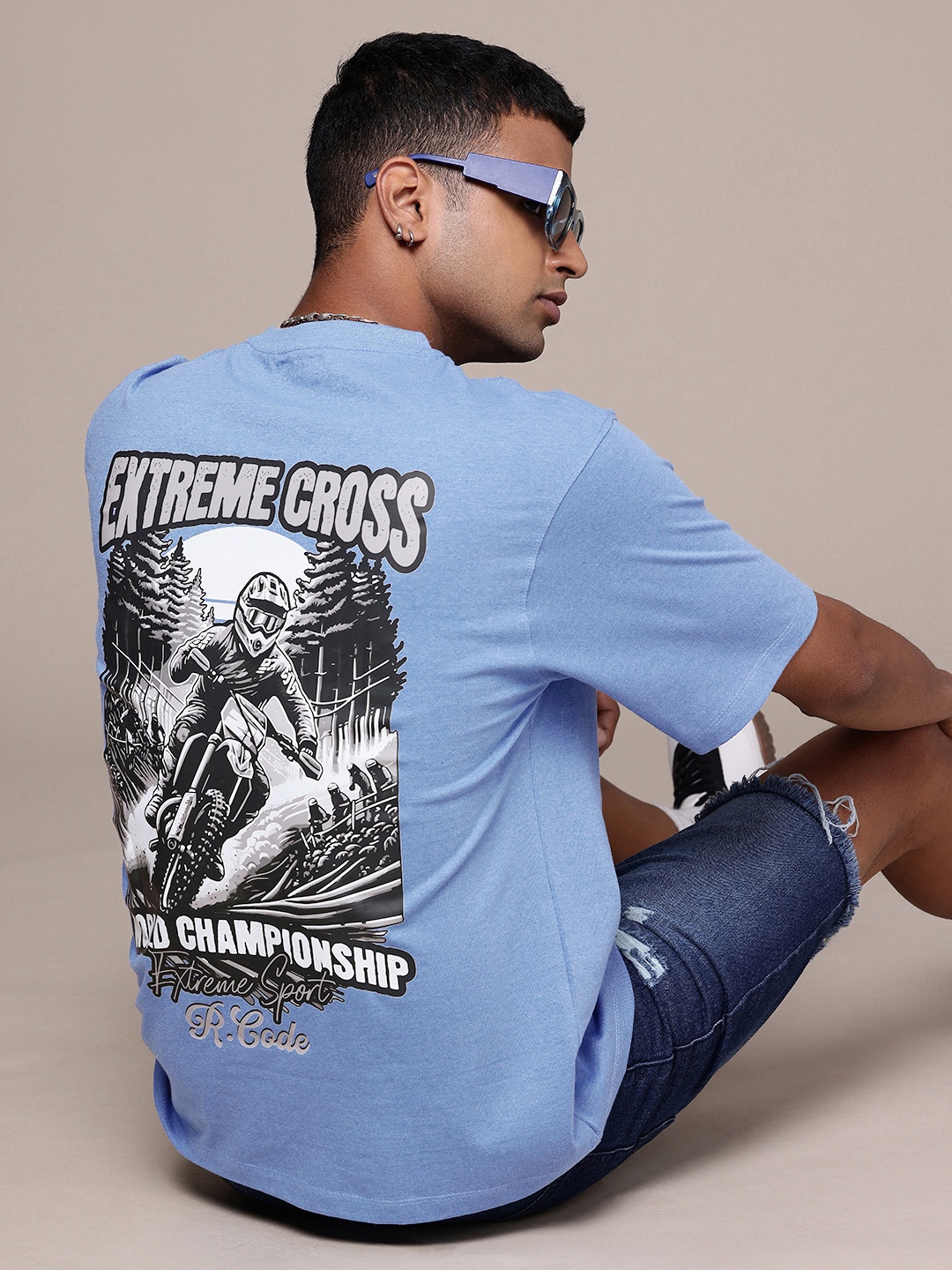 

R.Code by The Roadster Life Co. Men Graphic Printed Relaxed Fit T-shirt, Blue