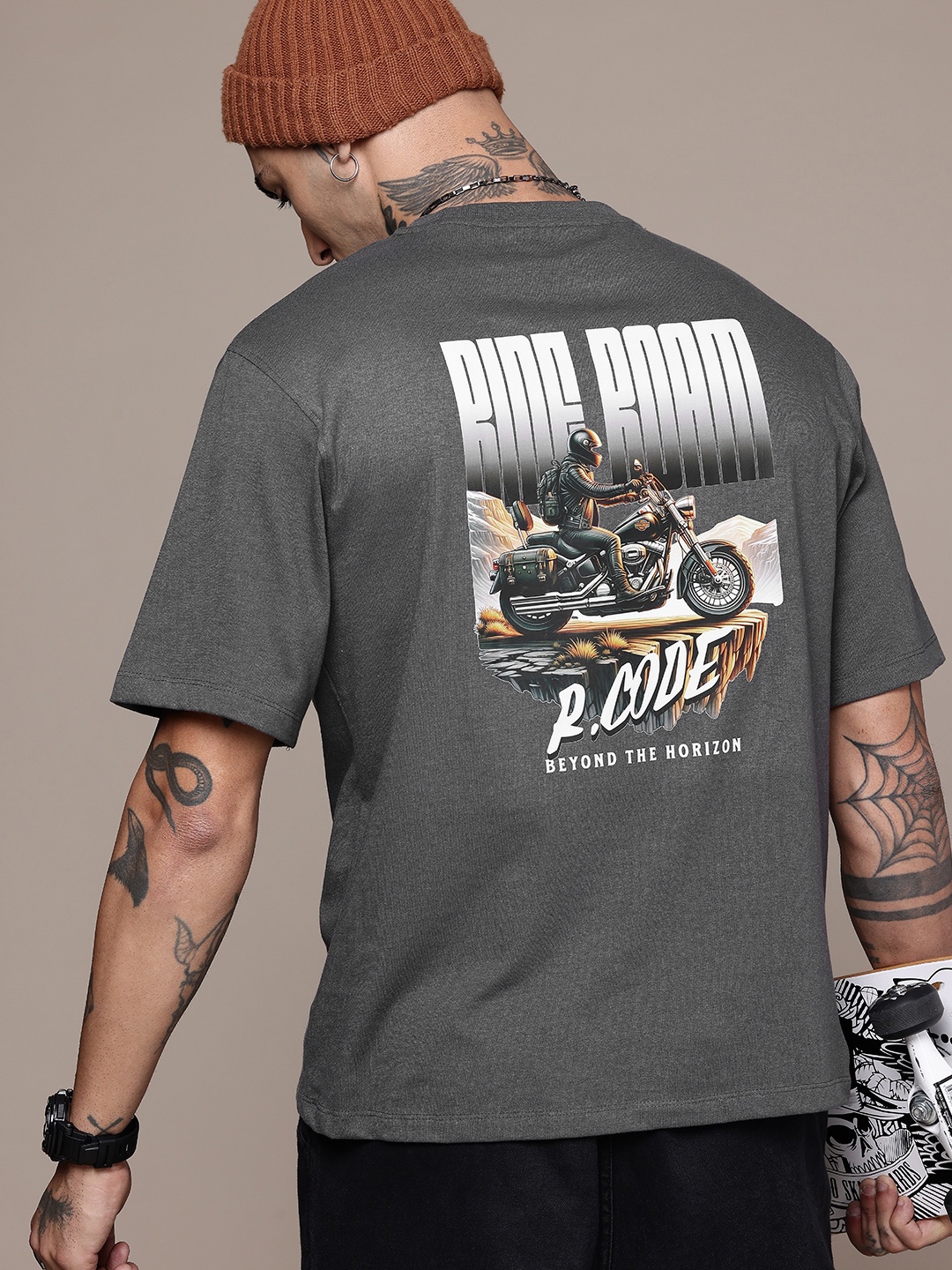 

R.Code by The Roadster Life Co. Men Graphic Printed Relaxed Fit T-shirt, Grey