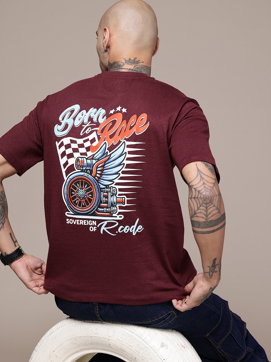 

R.Code by The Roadster Life Co. Men Printed Relaxed Fit T-shirt, Burgundy