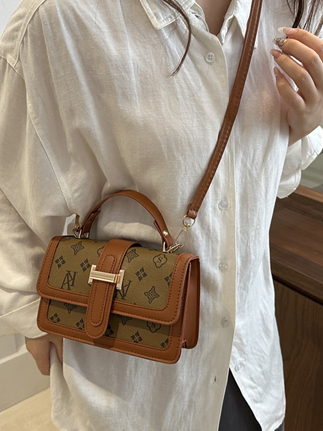 

LULU & SKY PU Structured Handheld Bag with Cut Work, Brown