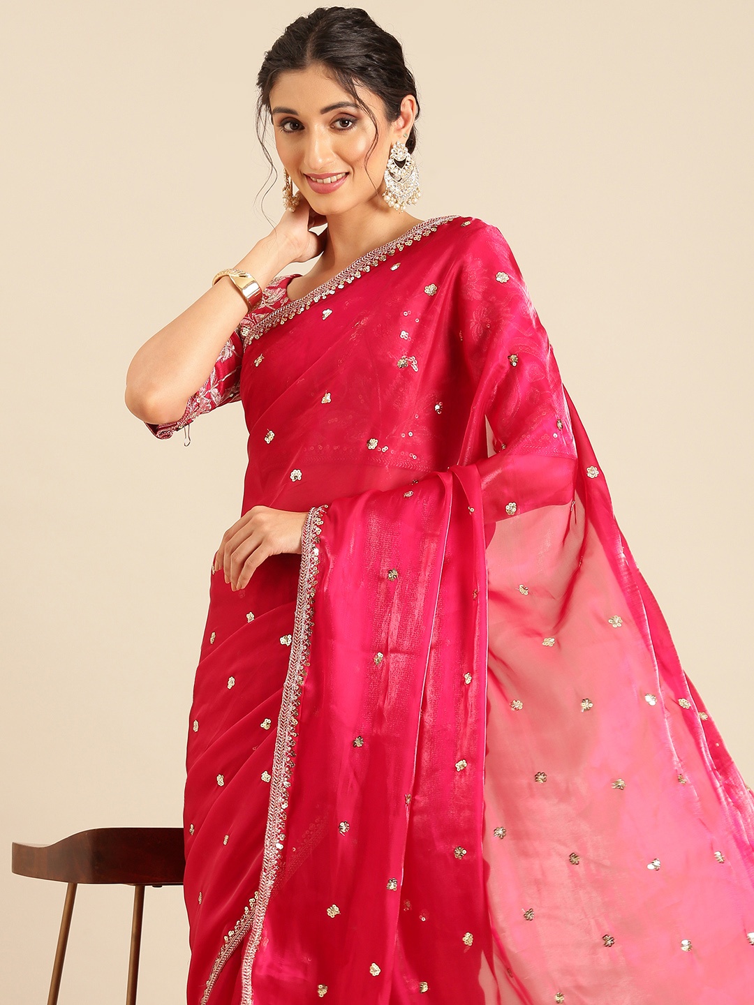 

Mitera Floral Sequinned Saree, Pink