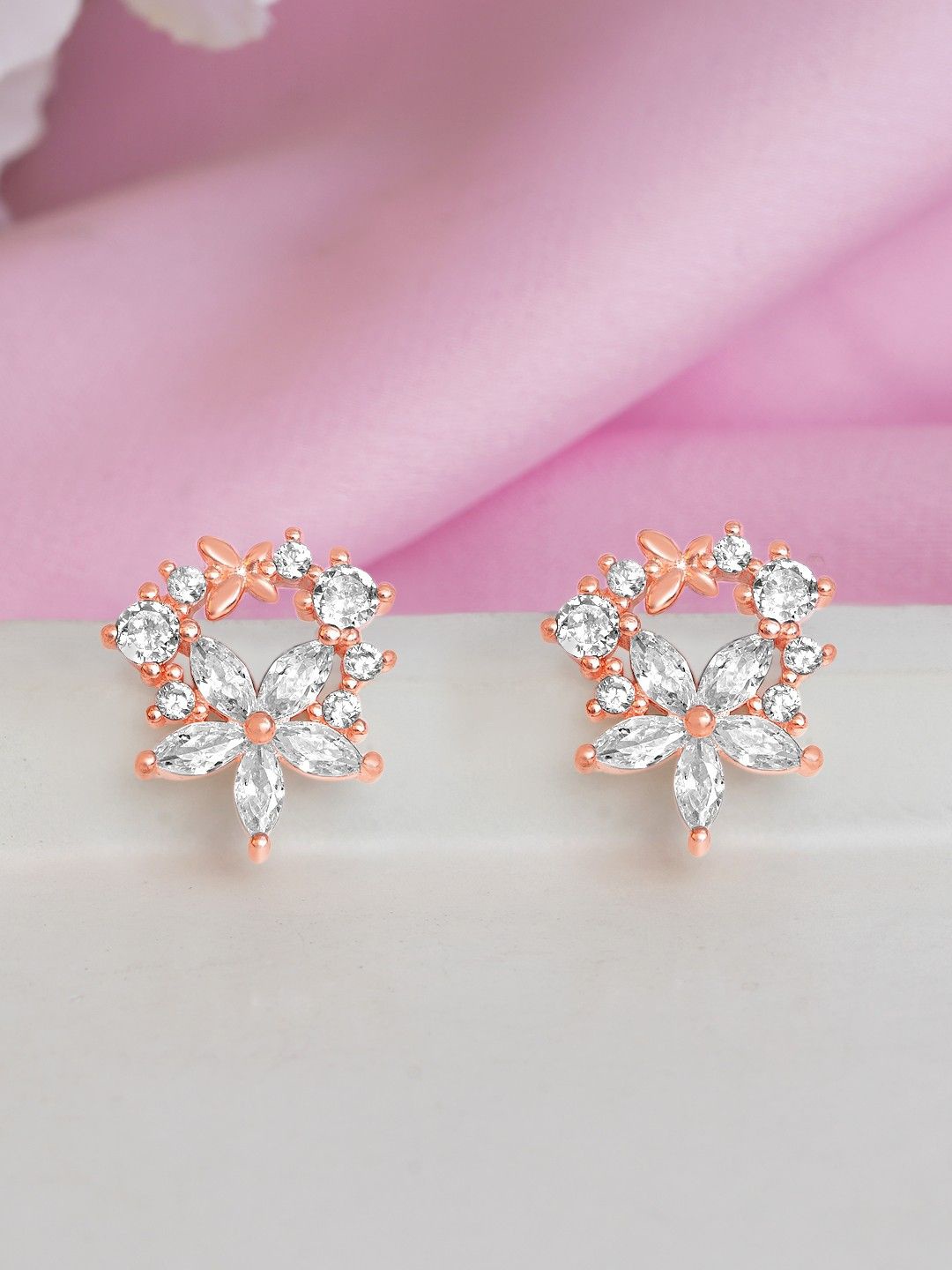 

Zavya 925 Pure Sterling Silver Rose Gold-Plated Cubic Zirconia Floral Studs