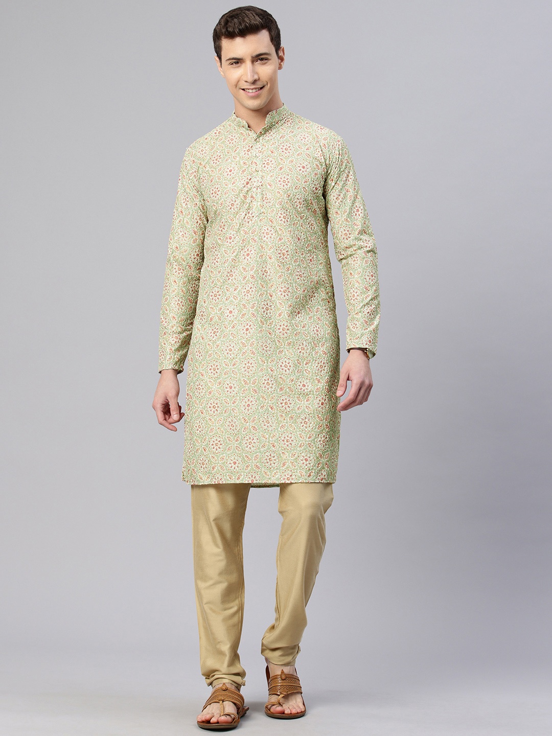 

Majestic Man Ethnic Motifs Printed Sequinned Kurta, Green