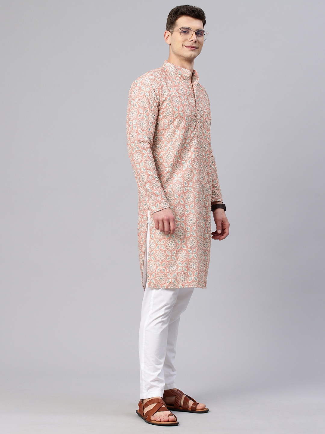 

Majestic Man Ethnic Motifs Printed Sequinned Kurta, Peach