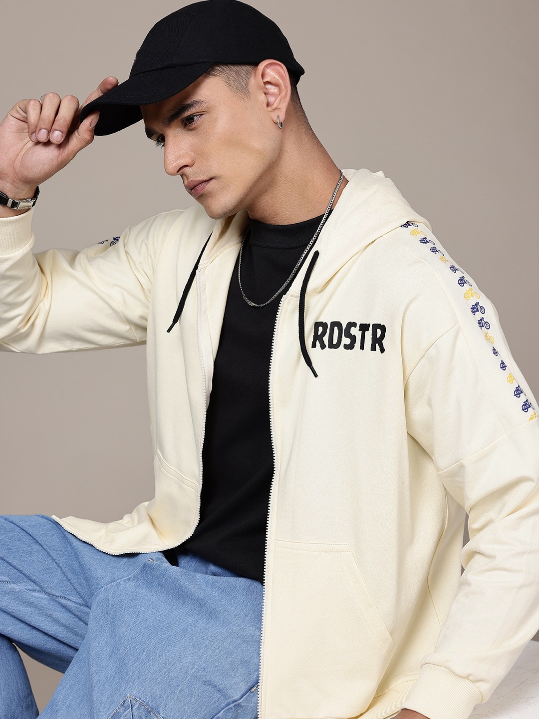 

The Roadster Lifestyle Co. Printed Hooded Pure Cotton Front Open Sweatshirt, Cream