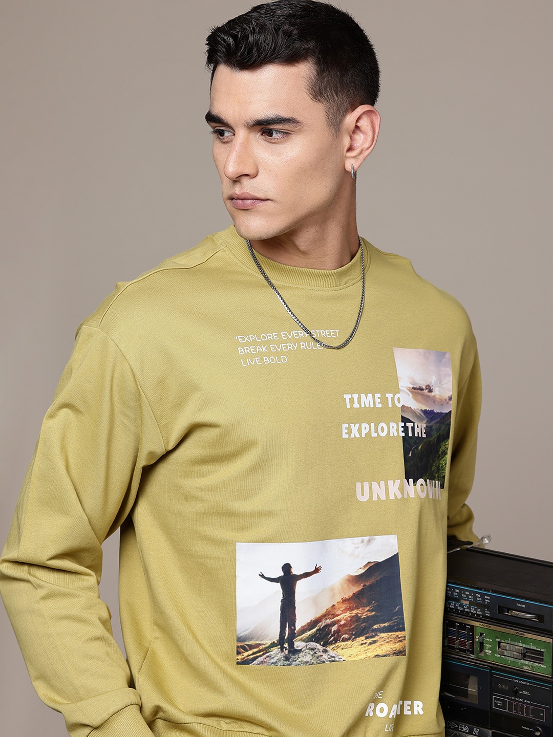 

The Roadster Lifestyle Co. Photography Printed Pure Cotton Oversized Sweatshirt, Olive