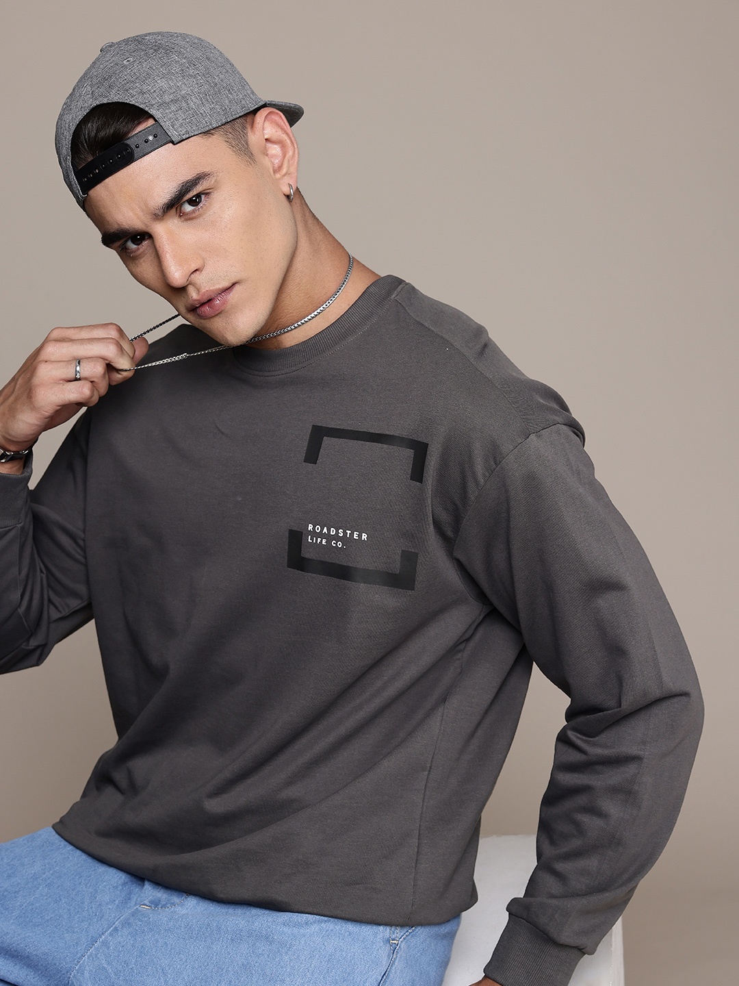 

The Roadster Lifestyle Co. Brand Logo Printed Pure Cotton Oversized Sweatshirt, Grey
