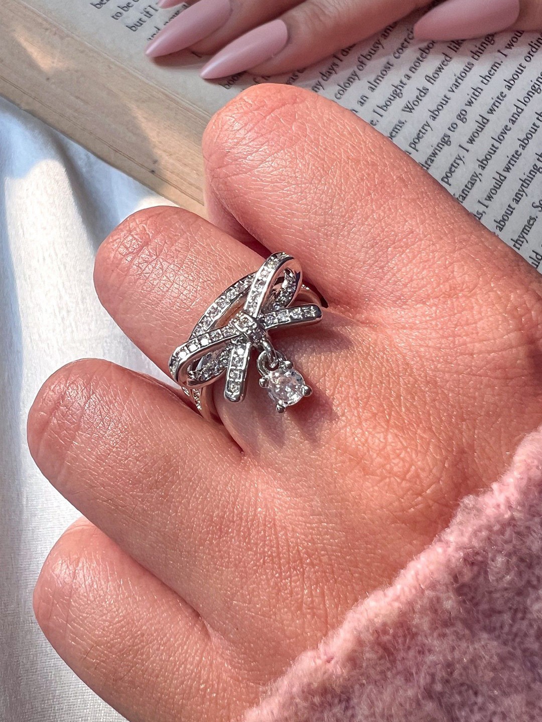 ISHKAARA Bow Crystals Stone Studded Drop Ring, Silver