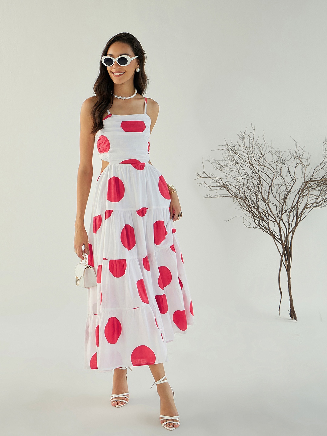 

Pink Paprika by SASSAFRAS Polka Dot Printed Cotton Fit and Flare Midi Dress, White