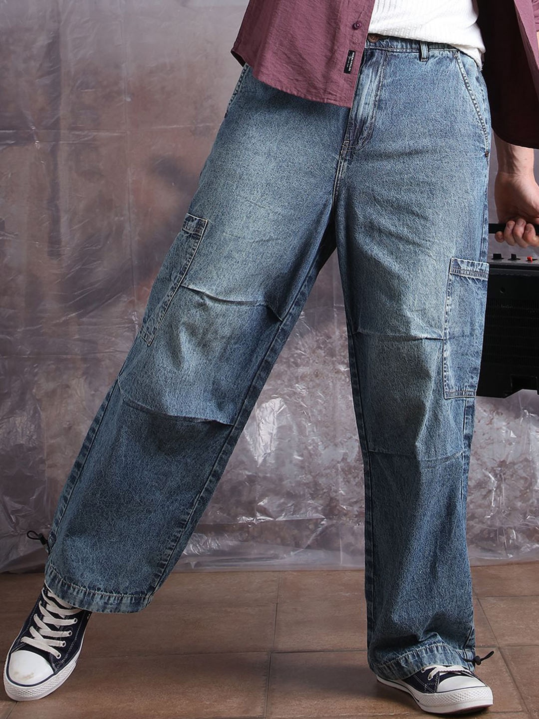 

Hubberholme Men Cotton Cargo Denim Light Fade Loose Fit Mid-Rise Jeans, Blue