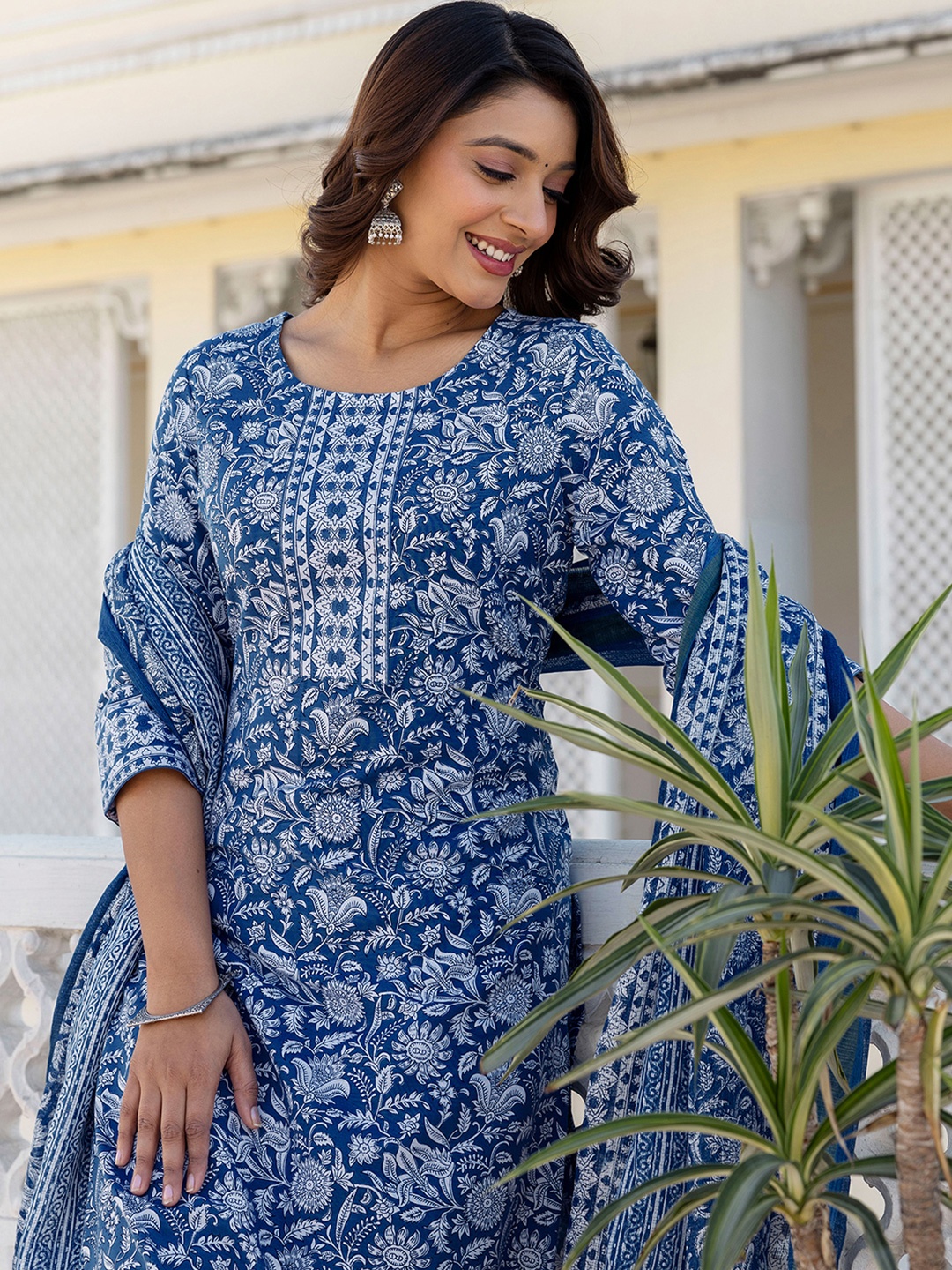 

KALINI Floral Printed Pure Cotton Round Neck Straight Kurta With Trousers And Dupatta, Navy blue