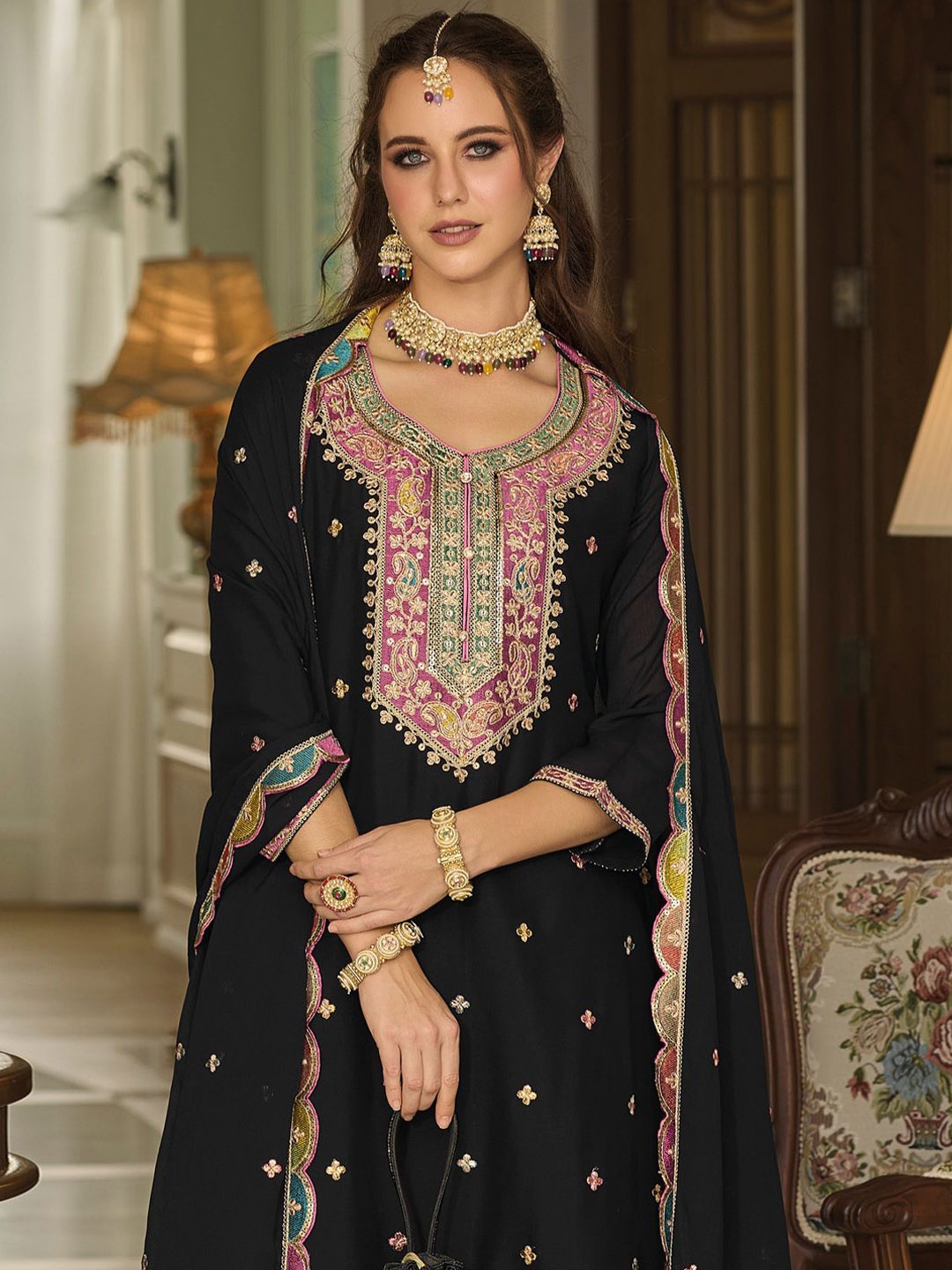 

Indo Era Paisley Embroidered Sequinned Straight Kurta With Sharara And Dupatta, Black