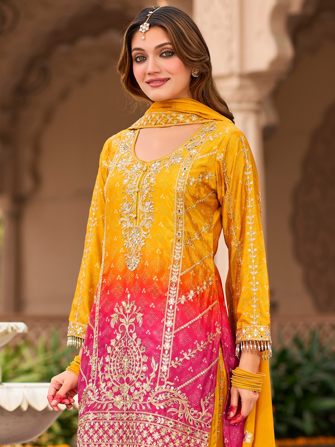

Indo Era Floral Embroidered Zari Straight Kurta With Palazzos And Dupatta, Yellow