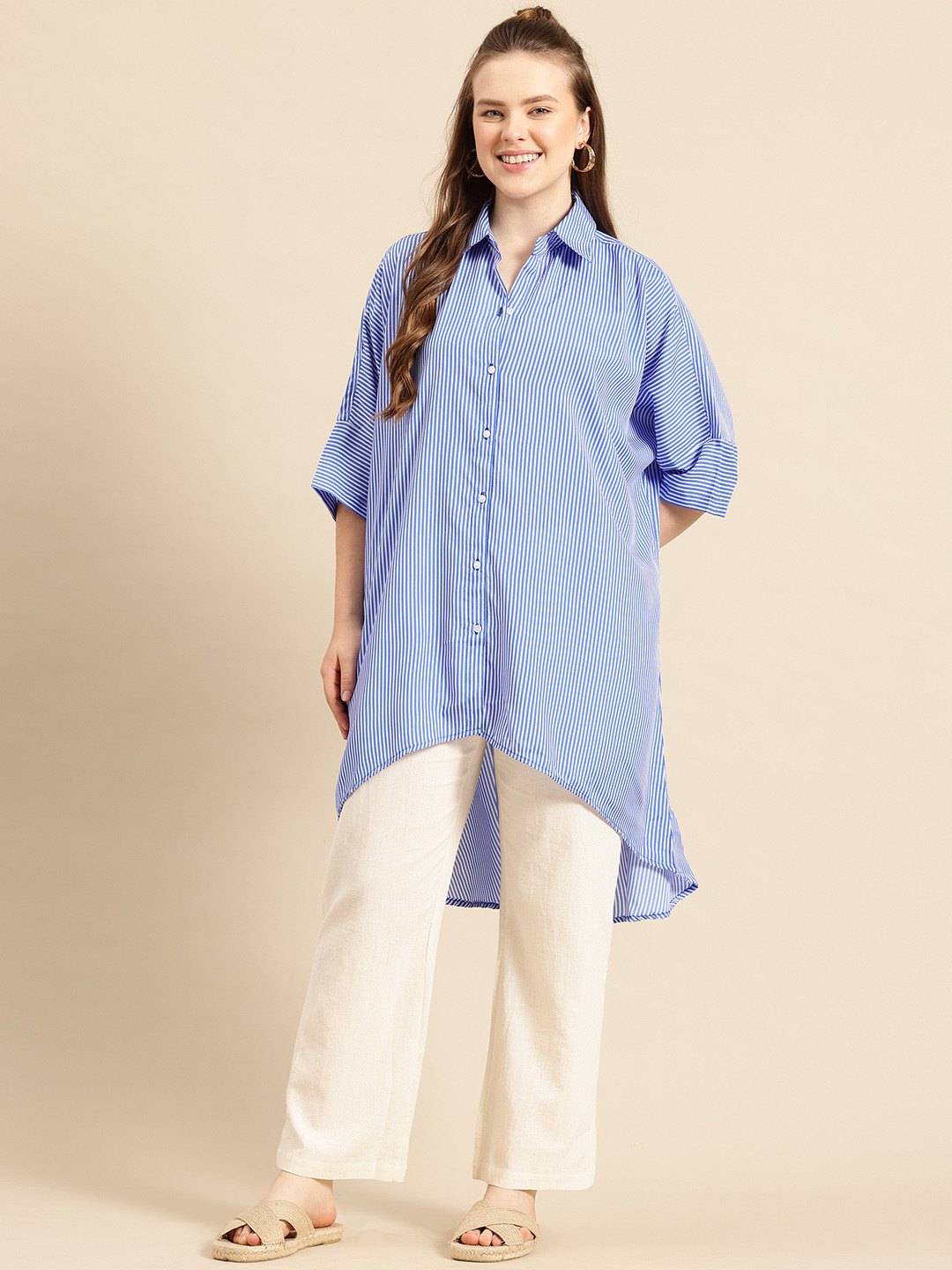 

Qurvii Women Comfort Striped Loose Fit Longline Crepe Casual Shirt, Blue