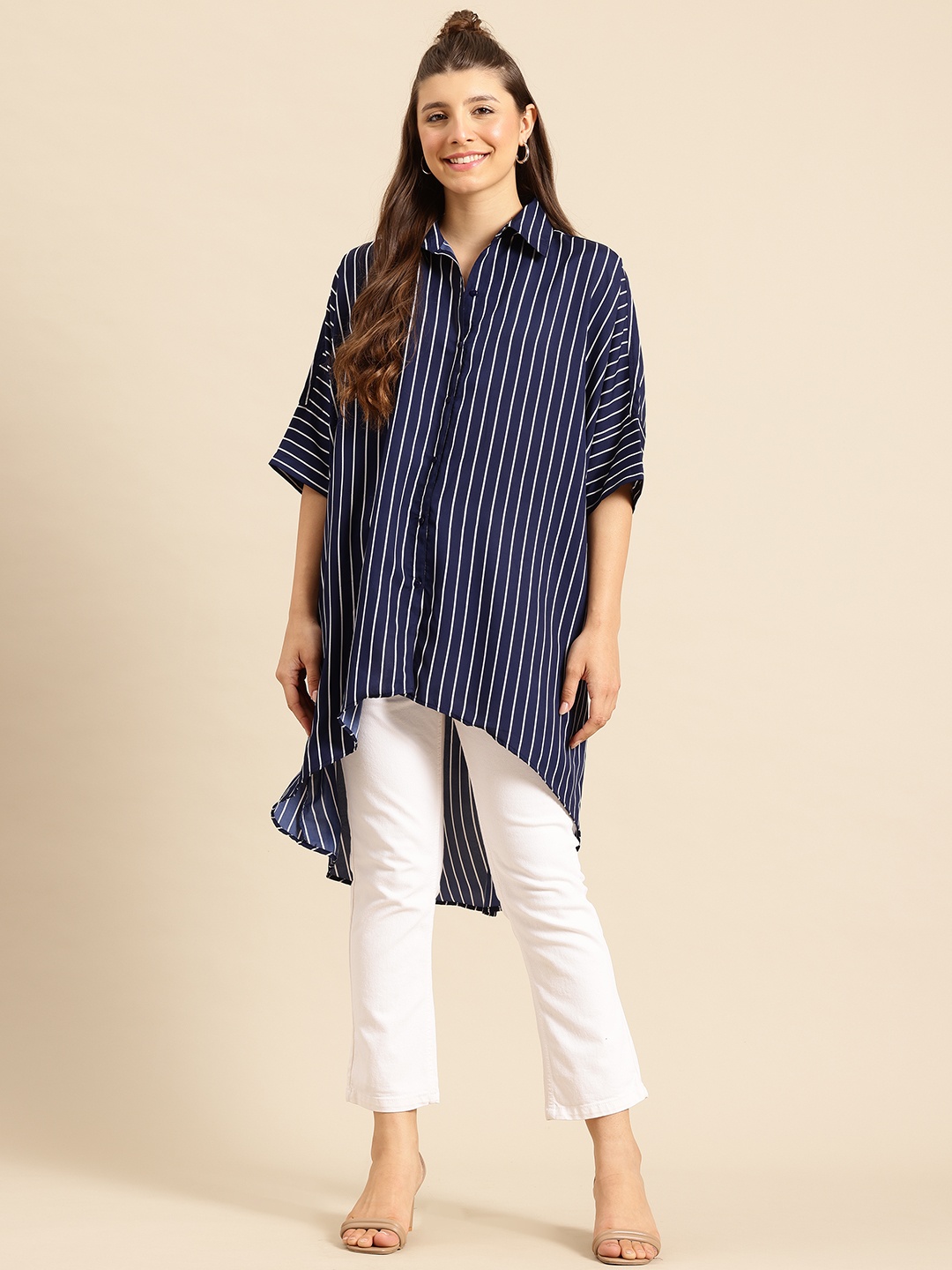 

Qurvii Women Comfort Striped Loose Fit Longline Crepe Casual Shirt, Navy blue