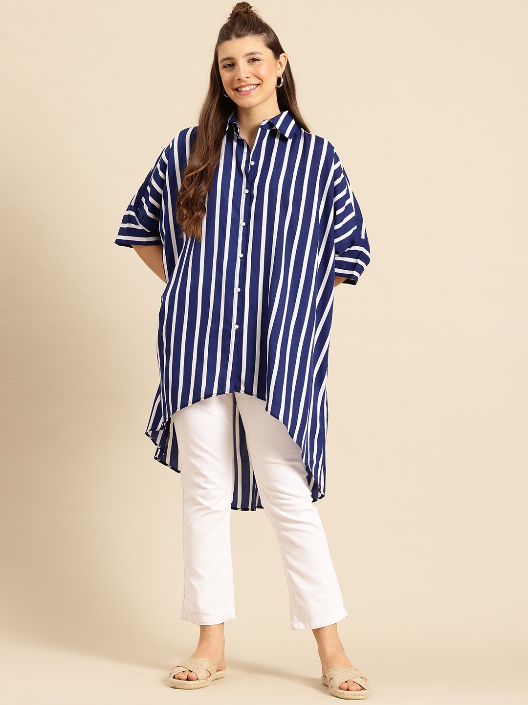 

Qurvii Women Comfort Striped Loose Fit Longline Crepe Casual Shirt, Navy blue