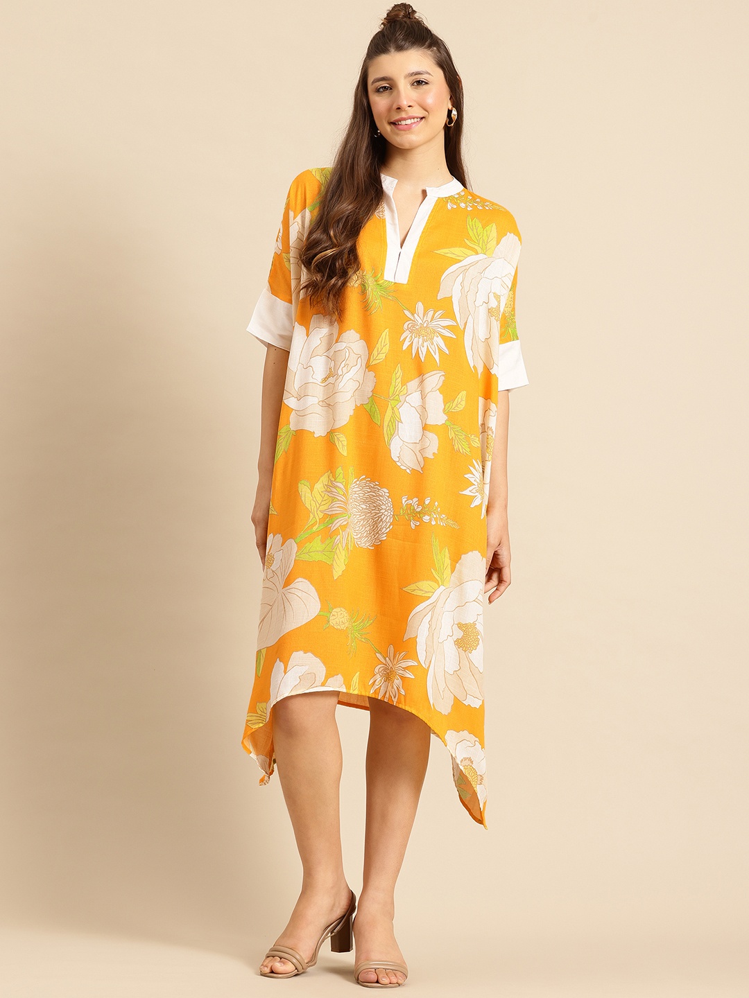 

Qurvii Floral Printed Batwing Sleeve Asymmetric Hem Kaftan Dress, Yellow