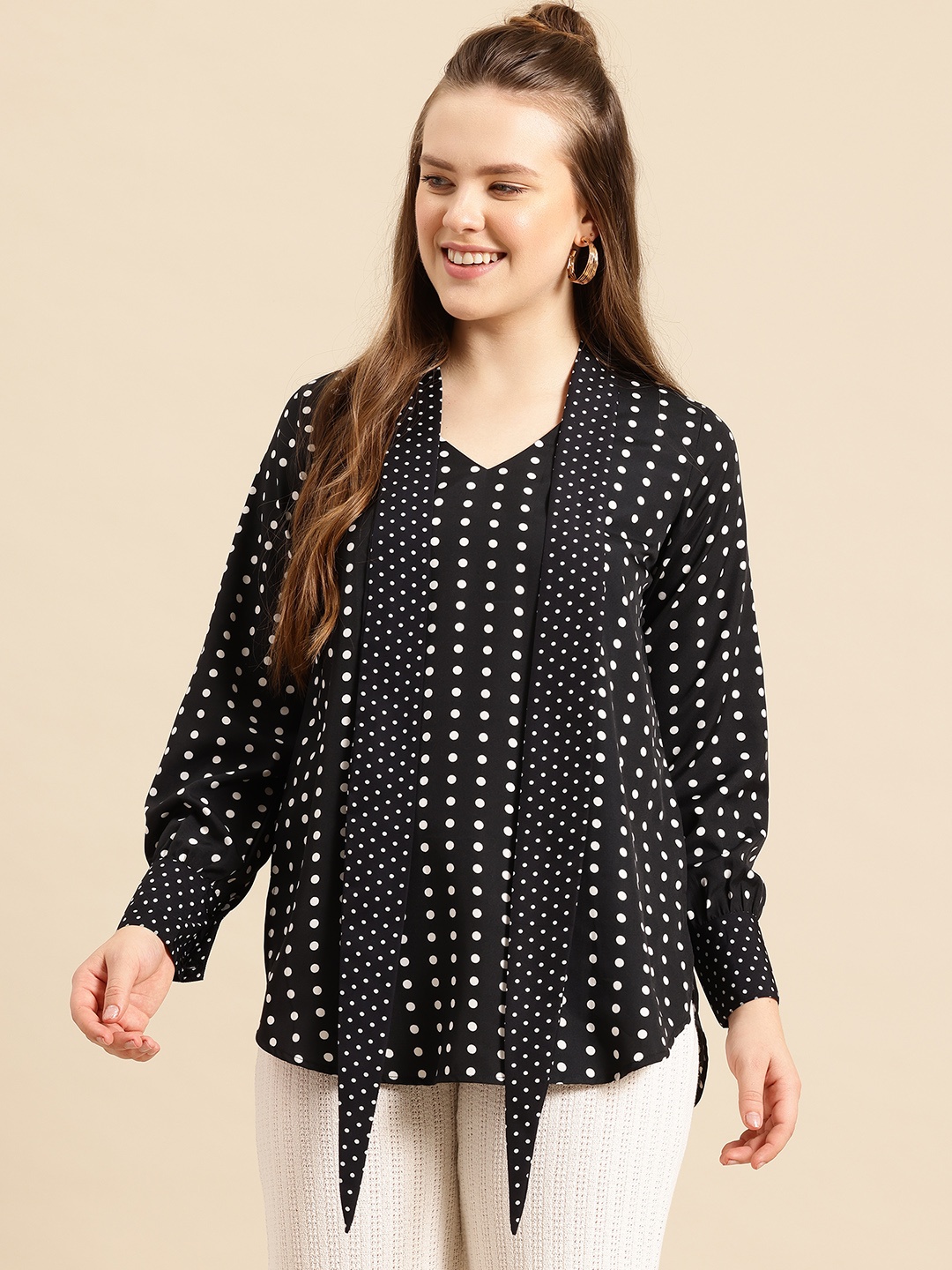 

Qurvii Polka Dot Print Scarf Neck Crepe Shirt Style Top, Black