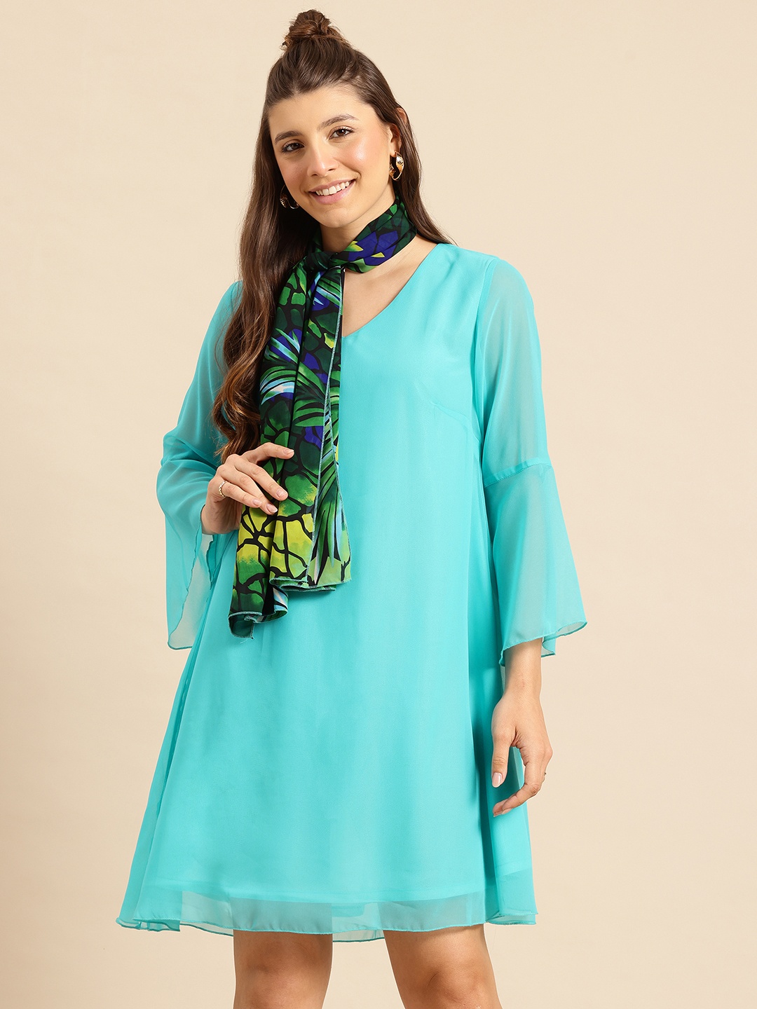 

Qurvii Solid Flared Sleeve Georgette Dress with Printed Scarf, Blue