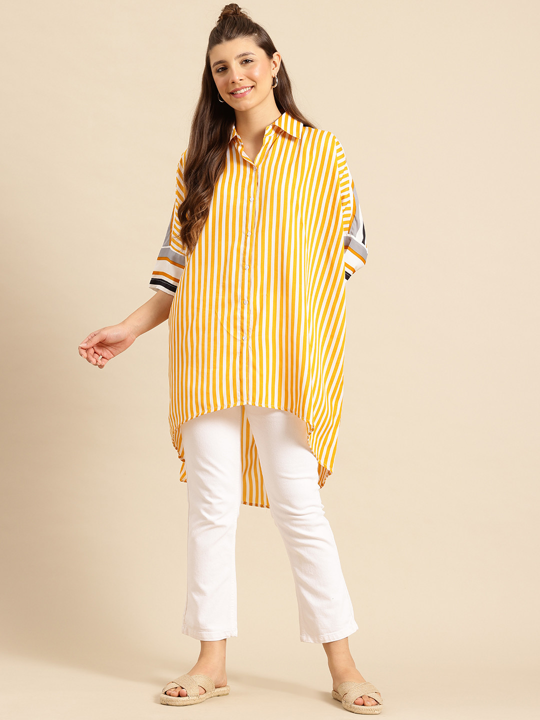

Qurvii Comfort Striped High Low Hem Crepe Longline Casual Shirt, Yellow
