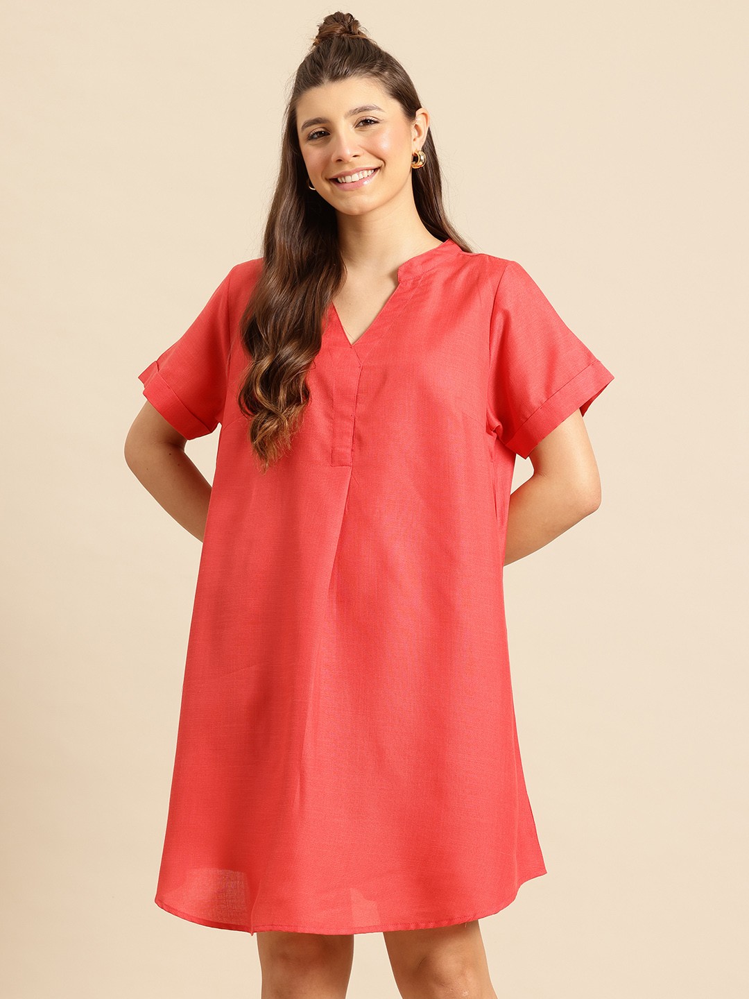 

Qurvii Mandarin Collar A-Line Dress, Orange