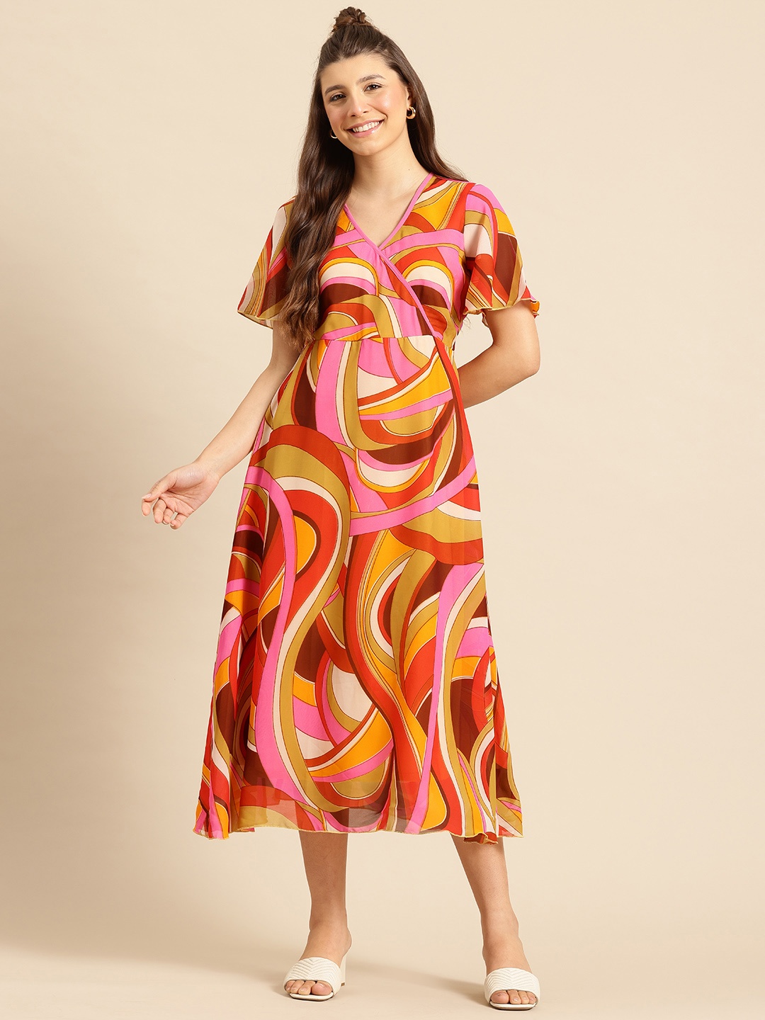 

Qurvii Print Flared Sleeve Georgette Wrap Midi Dress, Multi