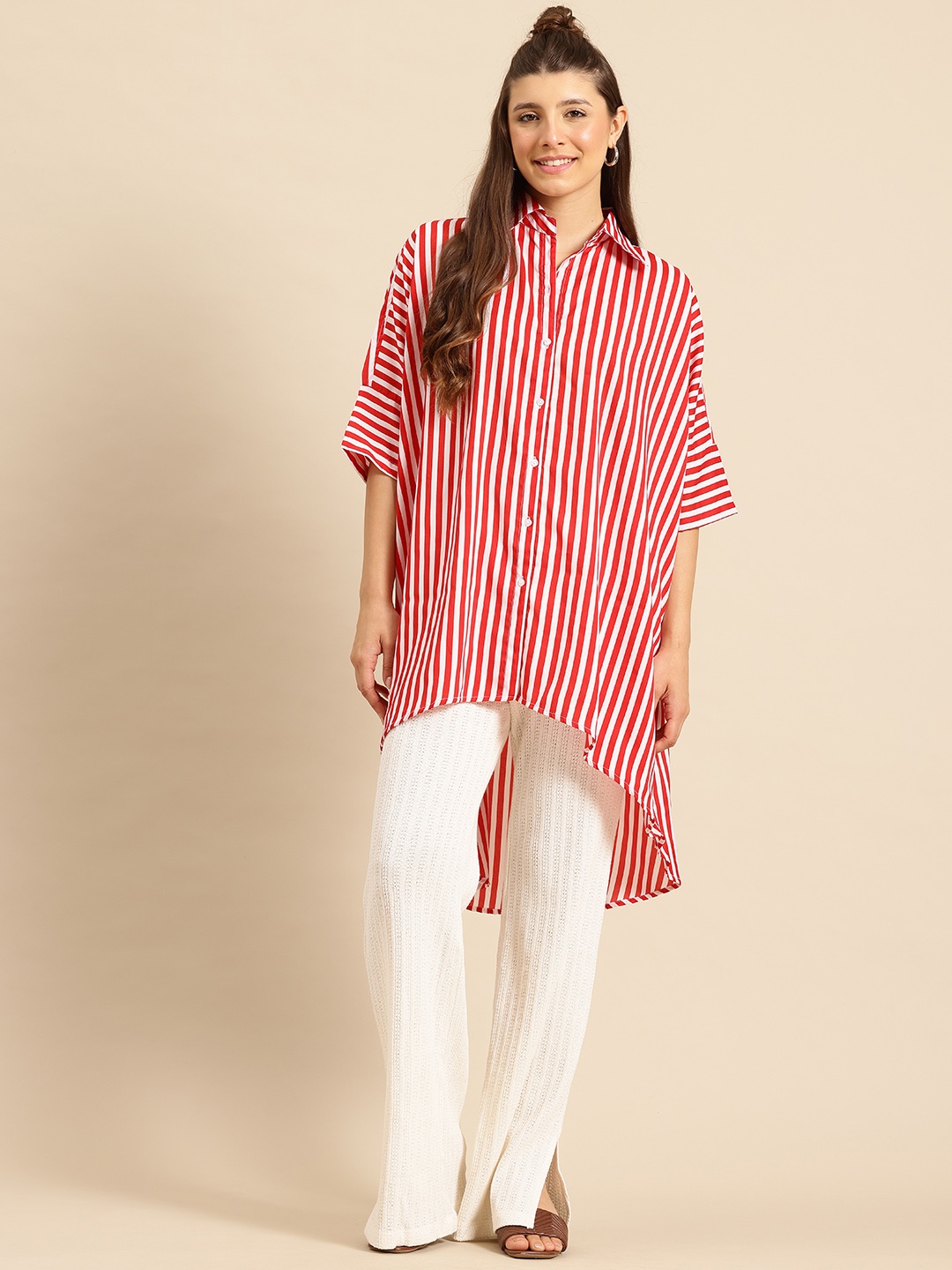 

Qurvii Women Comfort Striped Loose Fit Longline Crepe Casual Shirt, Red
