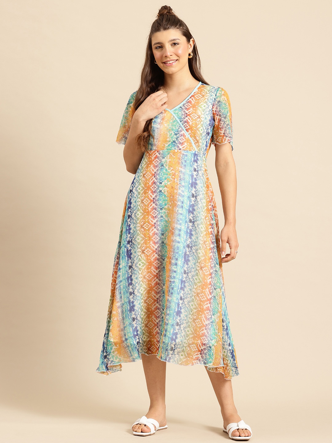 

Qurvii Ethnic Motifs Print Flared Sleeve Georgette Wrap Midi Dress, Multi