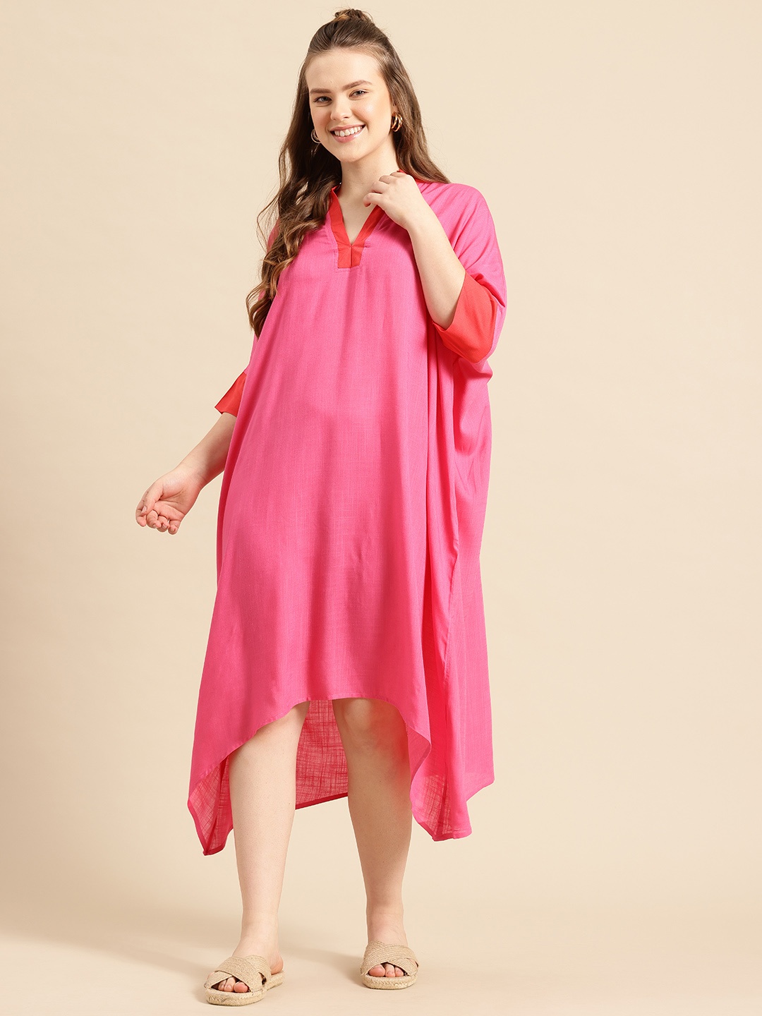 

Qurvii Colourblocked Batwing Sleeve A-Line Wrap Midi Dress, Magenta